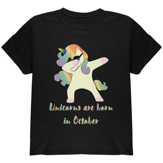 October Birthday Dabbing Unicorn Sunglasses Youth T Shirt Black YSM
