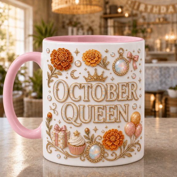 October Birthday Ceramic Mugs with Marigold Flower Opal Charm Design Gift for Coffee Lovers