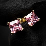 October Birthstone 2Ct Princess Cut Simulated Pink Sapphire Screw Back Solitaire Stud Earring 925 Silver Women's Cute Gift
