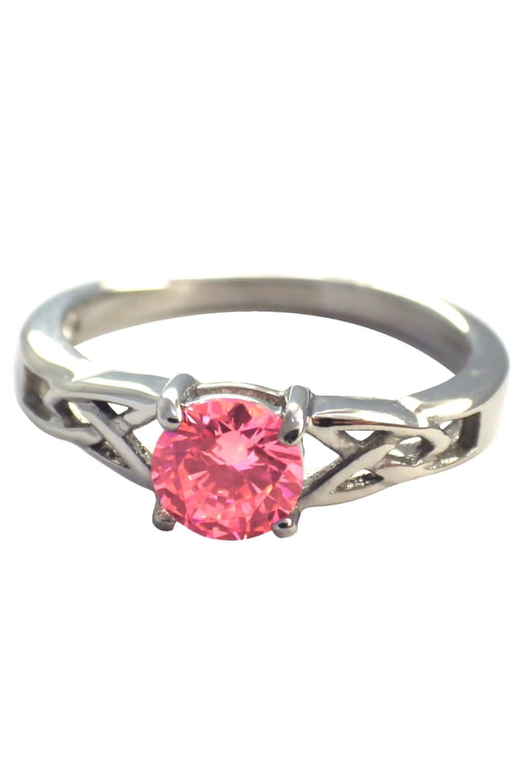 Celtic October Birthstone Ring Womens Pink Cubic Zirconia Stainless Steel Band Fantasy Forge Jewelry