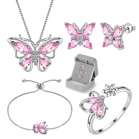 October Birthstone Jewelry Set Tourmaline Pink Butterfly Fine Necklace/Earrings/Ring/Bracelet Sterling Silver Women Birthday Mother's Day Gifts