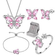 October Birthstone Jewelry Set Tourmaline Pink Butterfly Fine Necklace/Earrings/Ring/Bracelet Sterling Silver Women Birthday Mother's Day Gifts