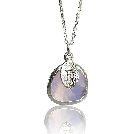 October Birthstone Necklace, Pink Opal Necklace, Personalized Bridesmaid Necklace, Custom Initial Necklace, Gift for Her, Pink Opal Jewelry - 16" Gold Plated - Leaf Initial Z