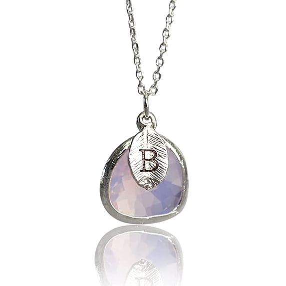 October Birthstone Necklace, Pink Opal Necklace, Personalized Bridesmaid Necklace, Custom Initial Necklace, Gift for Her, Pink Opal Jewelry - 16" Gold Plated - Leaf Initial Y