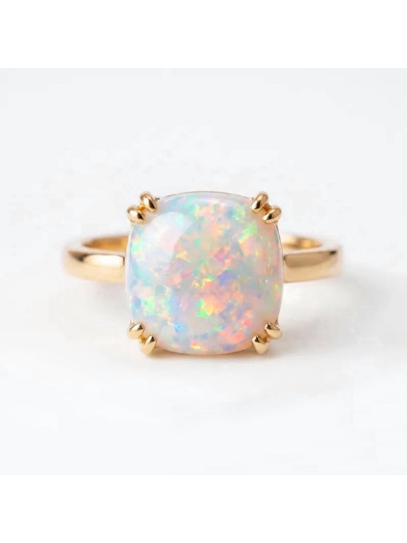 October Birthstone Opal Ring, Yellow Gold Plated 925 Sterling Silver Prong Setting Band Promise Ring, Handmade Ring, Anniversary Gift Jewelry