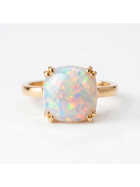 October Birthstone Opal Ring, Yellow Gold Plated 925 Sterling Silver Prong Setting Band Promise Ring, Handmade Ring, Anniversary Gift Jewelry