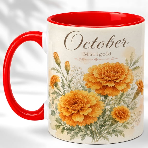 October Girl Coffee Mug, Marigold Birth Month Flower Cup, Watercolor Floral Birthday Gift for Women, Botanical Design, Ceramic 11 Oz Mug