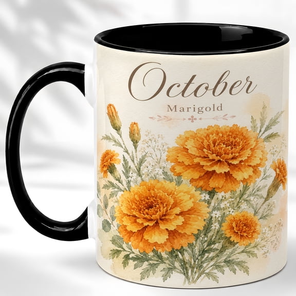 October Girl Coffee Mug, Marigold Birth Month Flower Cup, Watercolor Floral Birthday Gift for Women, Botanical Design, Ceramic 11 Oz Mug