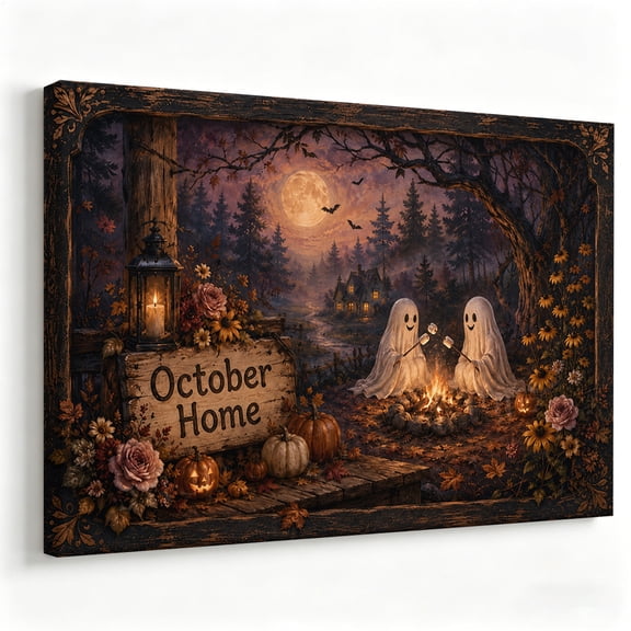 October Home Ghosts Campfire Canvas Wall Art Halloween Autumn Forest Poster Cozy Ghost Marshmallow Painting Living Room Fall Decor Print Ready to Hang 8*12