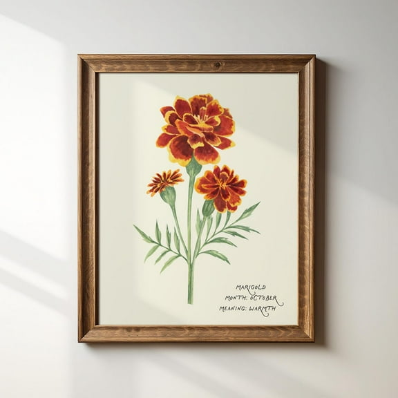 October, Marigold, Birth Month Flower Illustration Print, Art Print, Trendy Decor, Abstract Vintage Painting Wall Art, Modern Wall Decor For Living Room, 8x12 UNFRAMED