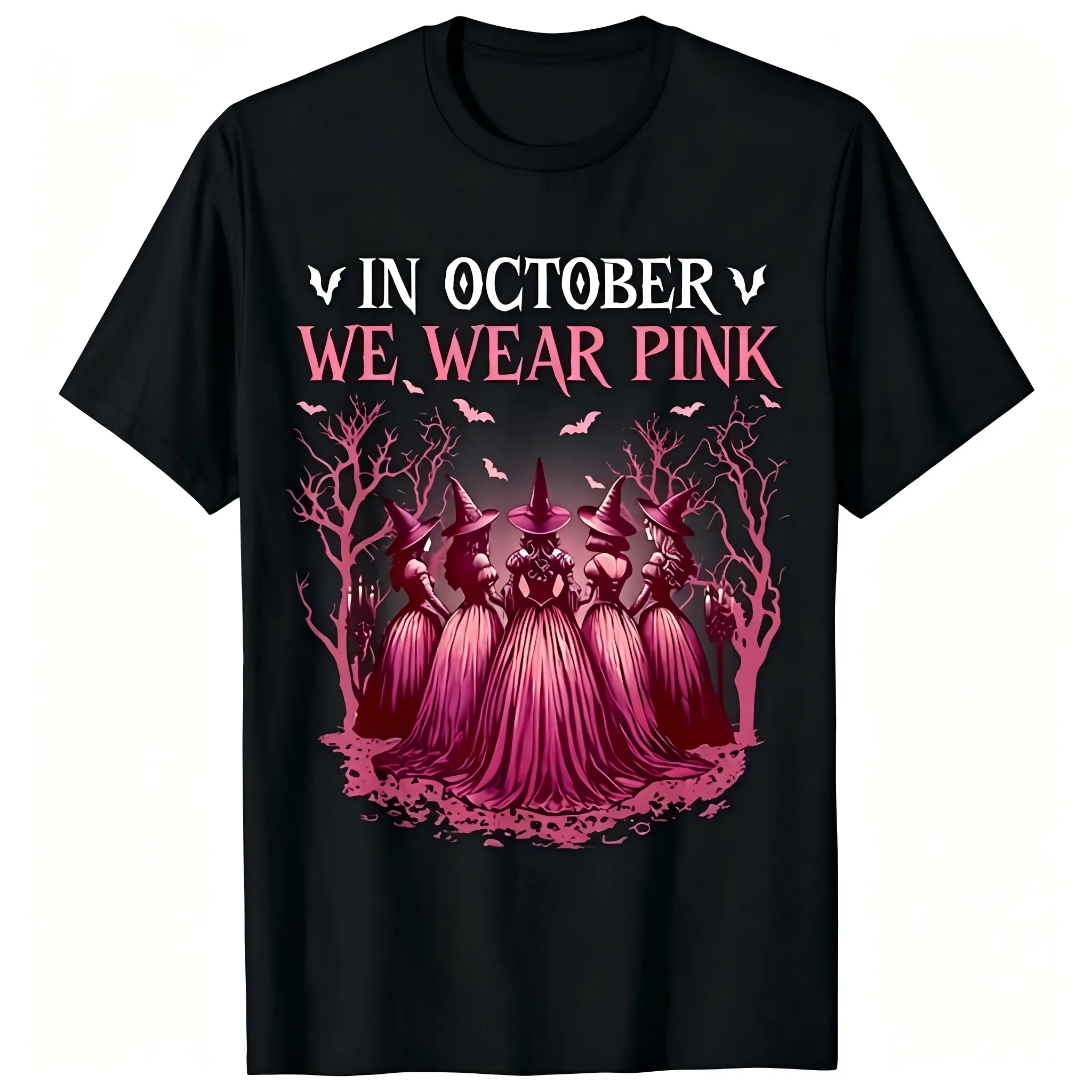 In October We Wear Pink Graphic T‑Shirt, Women Crew Neck Short Sleeve Cotton Tee, Witch Coven Bat Halloween Print, Breast Cancer Awareness Casual Top for Women