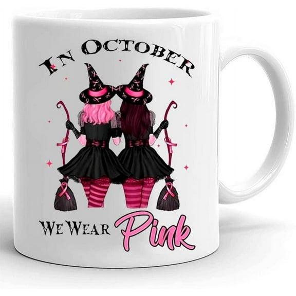In October We Wear Pink Mug, Halloween Mug, Witch Mug, Breast Cancer, Gifts For Her, Breast Cancer Awareness Funny Ghost Halloween Mug, Cute Halloween Mugs Fall Gifts Halloween