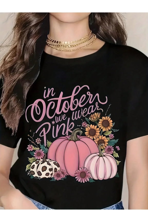 In October We Wear Pink Pumpkin Floral T-Shirt For Women - Breast Cancer Awareness Shirt, Autumn Fall Seasonal Graphic Tee, Halloween And October Holiday Top, Soft Cotton