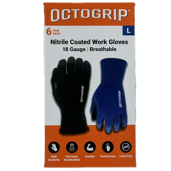 Octogrip Nitrile Coated Work Gloves, 6 Pairs (Large)