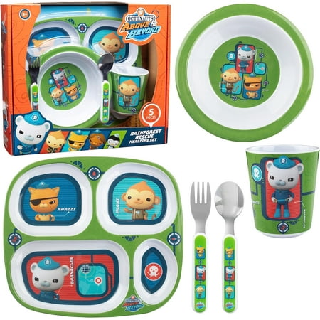 Octonauts 5 Pcs Mealtime Divided Plate Feeding Set for Kids - Rainforest Rescue- Includes Plate w/ 4 Compartments, Bowl, Cup, Fork & Spoon Utensil Flatware-Durable, Dishwasher Safe, BPA Free