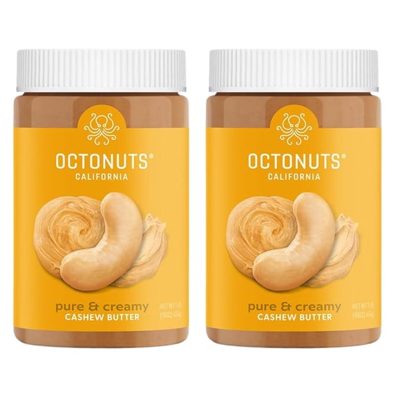 Octonuts Creamy Cashew Butter, 16 oz Jar, No Added Salt, Sugar or Palm Oil - Single Ingredient Nut Spread - Gluten Free, Vegan, Kosher, Paleo Friendly, Non-GMO, Healthy Snack - 2 Pack