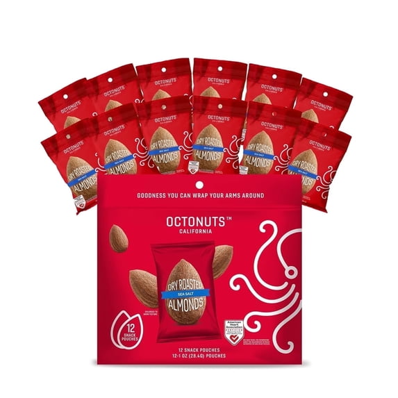 Octonuts Dry Roasted California Almonds 1Ounce - Sea Salt - American Heart Association Certified for Heart-Healthy Food, Gluten Free, Paleo Vegan, Kosher, Keto, Non-GMO