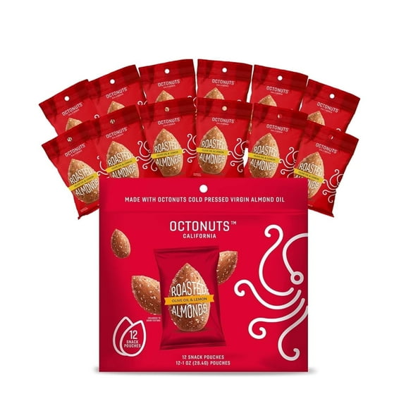 Octonuts Olive Oil & Lemon Almonds  12 Individually Wrapped Snack Packs (1oz Each), Healthy Snacks for Adults and Kids, Non-GMO, Keto and Gluten-Free, Roasted in Cold Pressed Olive Oil