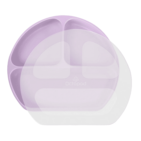 Octopod Silicone Suction Triangle Plate with Lid for Babies and Toddlers  BPA-Free, Divided Non-Slip Plate with Secure Cover  Microwave & Dishwasher Safe, Baby-Led Weaning Friendly (Pink Lavender)