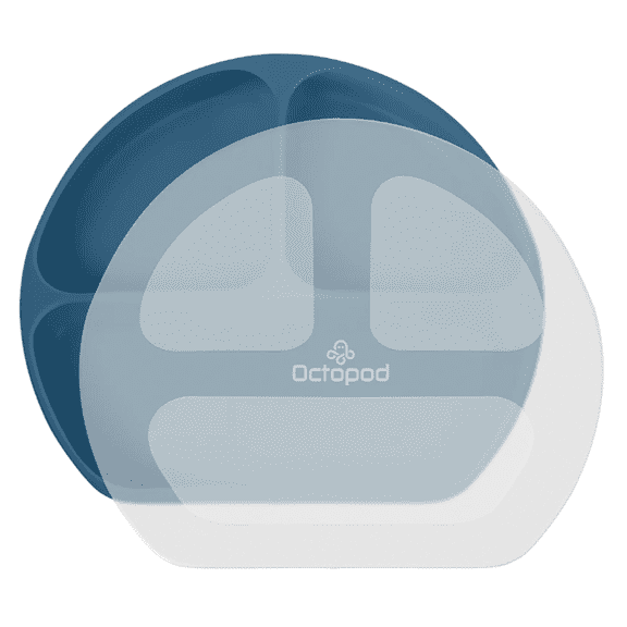 Octopod Silicone Suction Triangle Plate with Lid for Babies and Toddlers  BPA-Free, Divided Non-Slip Plate with Secure Cover  Microwave & Dishwasher Safe, Baby-Led Weaning Friendly (Space Blue)