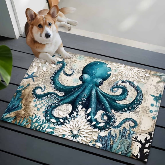 Octopus 2x3 Area Rugs for Living Room, Nautical Navy Blue Kraken Coral Vintage Coastal Map Non Slip Floor Mat Washable Low-Profile Indoor Carpet for Bedroom, Dining Room, Bathroom