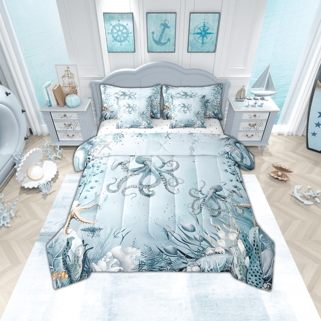 Octopus 7 Piece Comforter Set Full Bed in a Bag,Teal Blue Ocean Beach Coastal Bedding Set Starfish Octopus Tentacles Sheet Sets with Comforter Underwater Creature Coral Bed Set,Kawaii Fish Room Decor