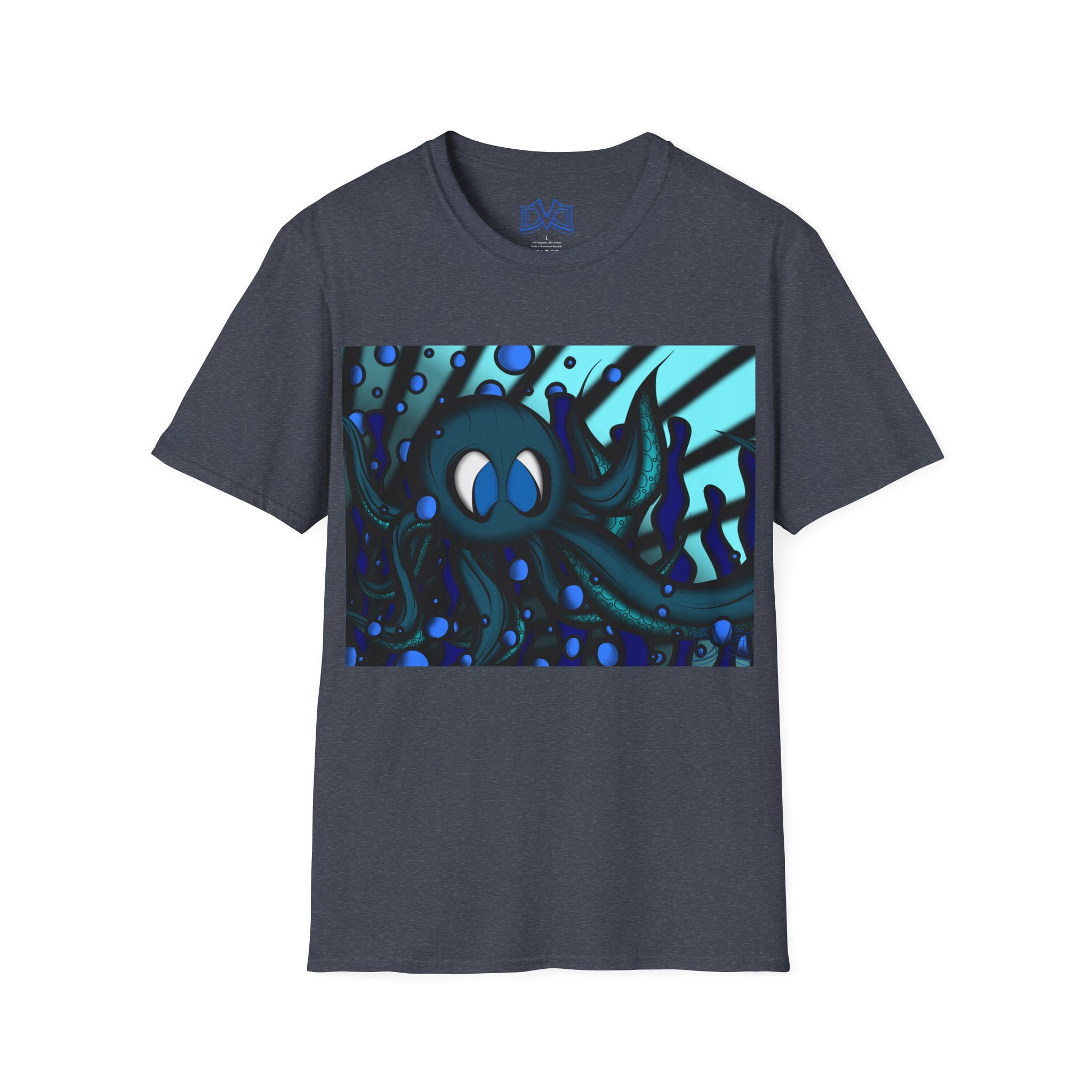 Octopus 9 tentacles, hand drawn art, skate & surf wear on a Unisex T Shirt.
