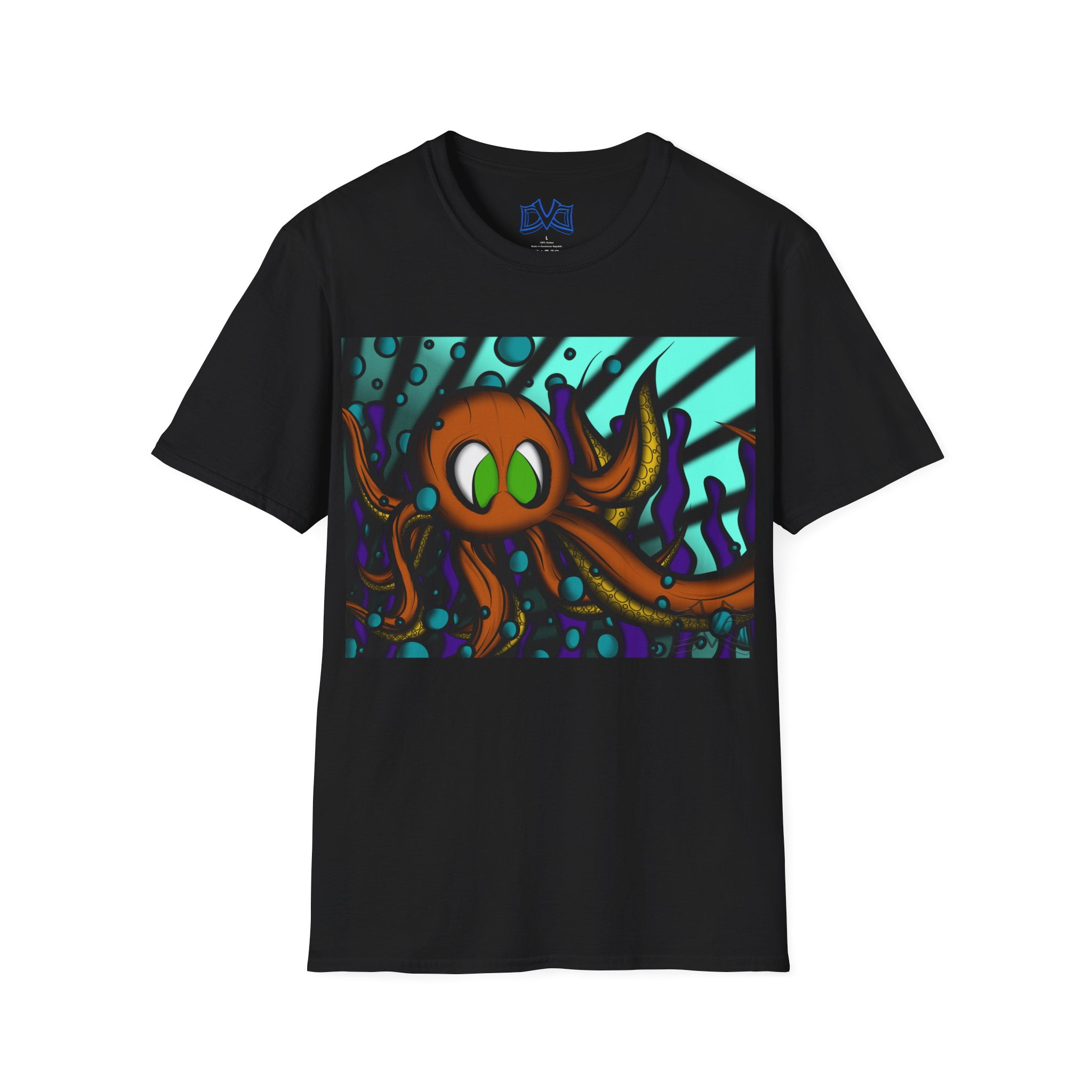 Octopus 9 tentacles, hand drawn art, skate & surf wear on a Unisex T Shirt.