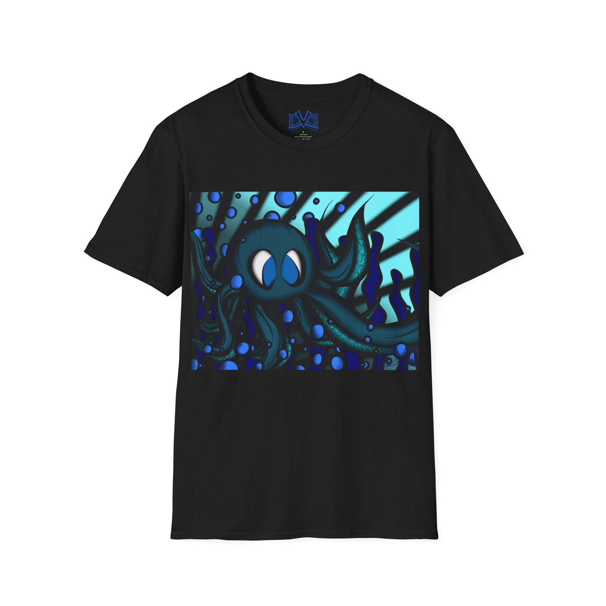 Octopus 9 tentacles, hand drawn art, skate & surf wear on a Unisex T Shirt.