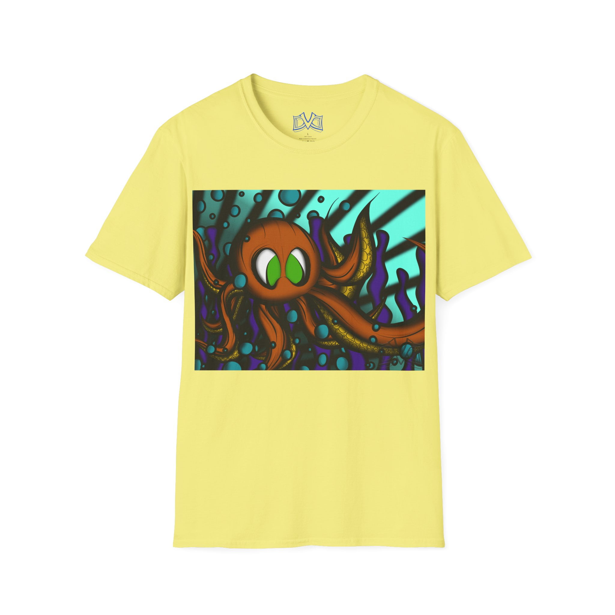 Octopus 9 tentacles, hand drawn art, skate & surf wear on a Unisex T Shirt.