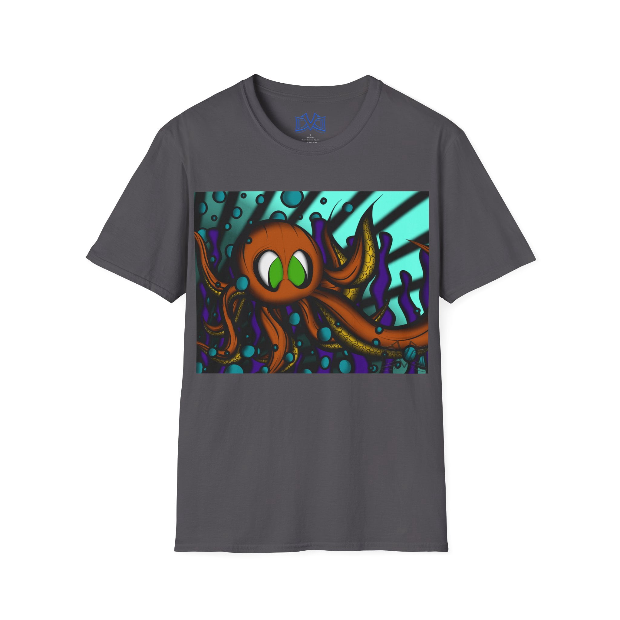 Octopus 9 tentacles, hand drawn art, skate & surf wear on a Unisex T Shirt.