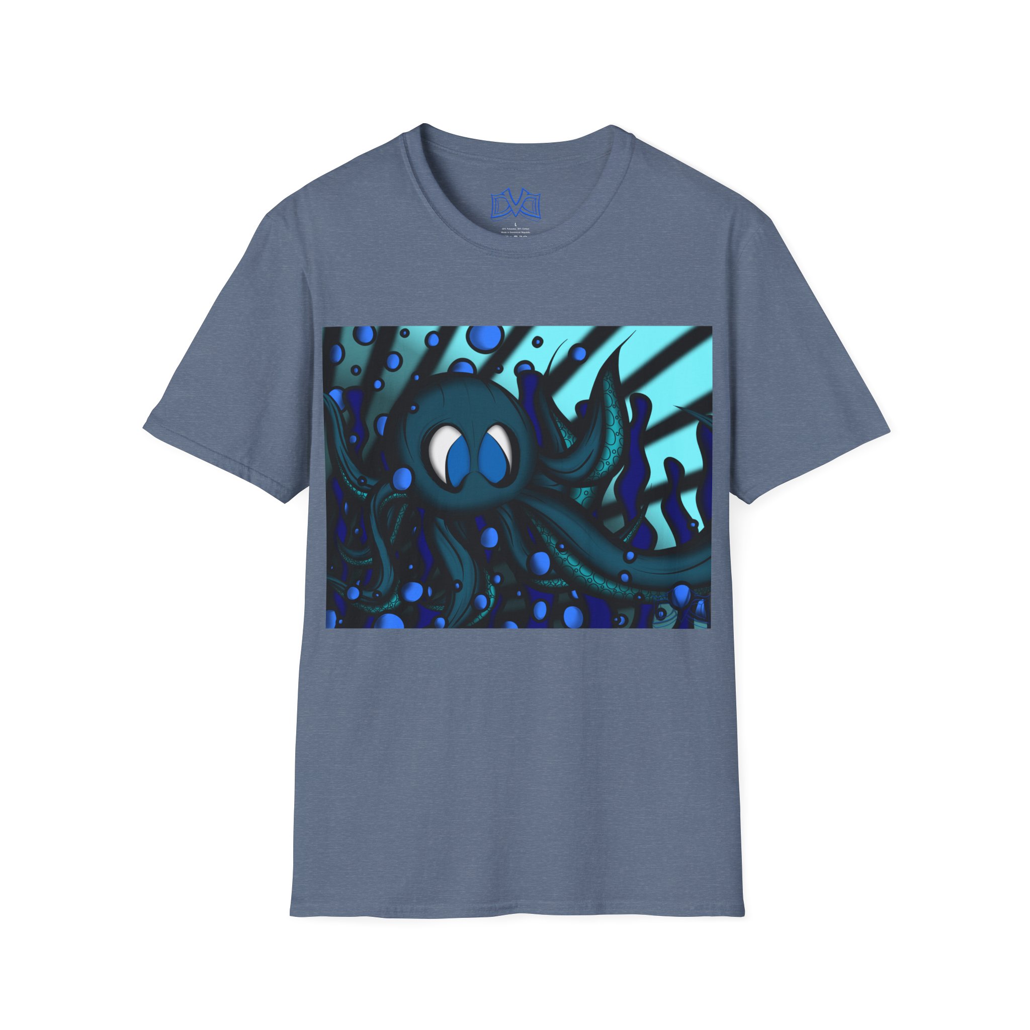 Octopus 9 tentacles, hand drawn art, skate & surf wear on a Unisex T Shirt.