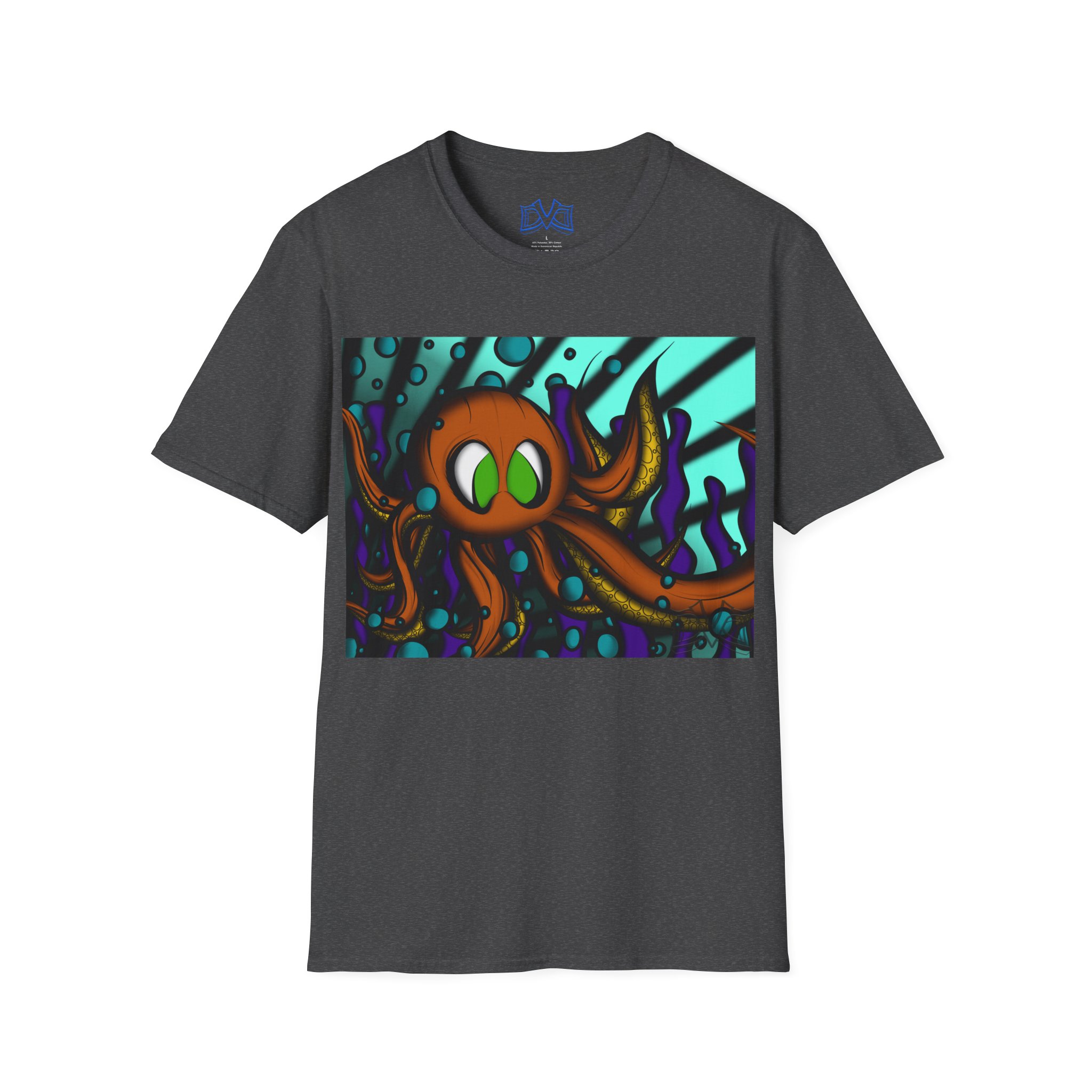 Octopus 9 tentacles, hand drawn art, skate & surf wear on a Unisex T Shirt.