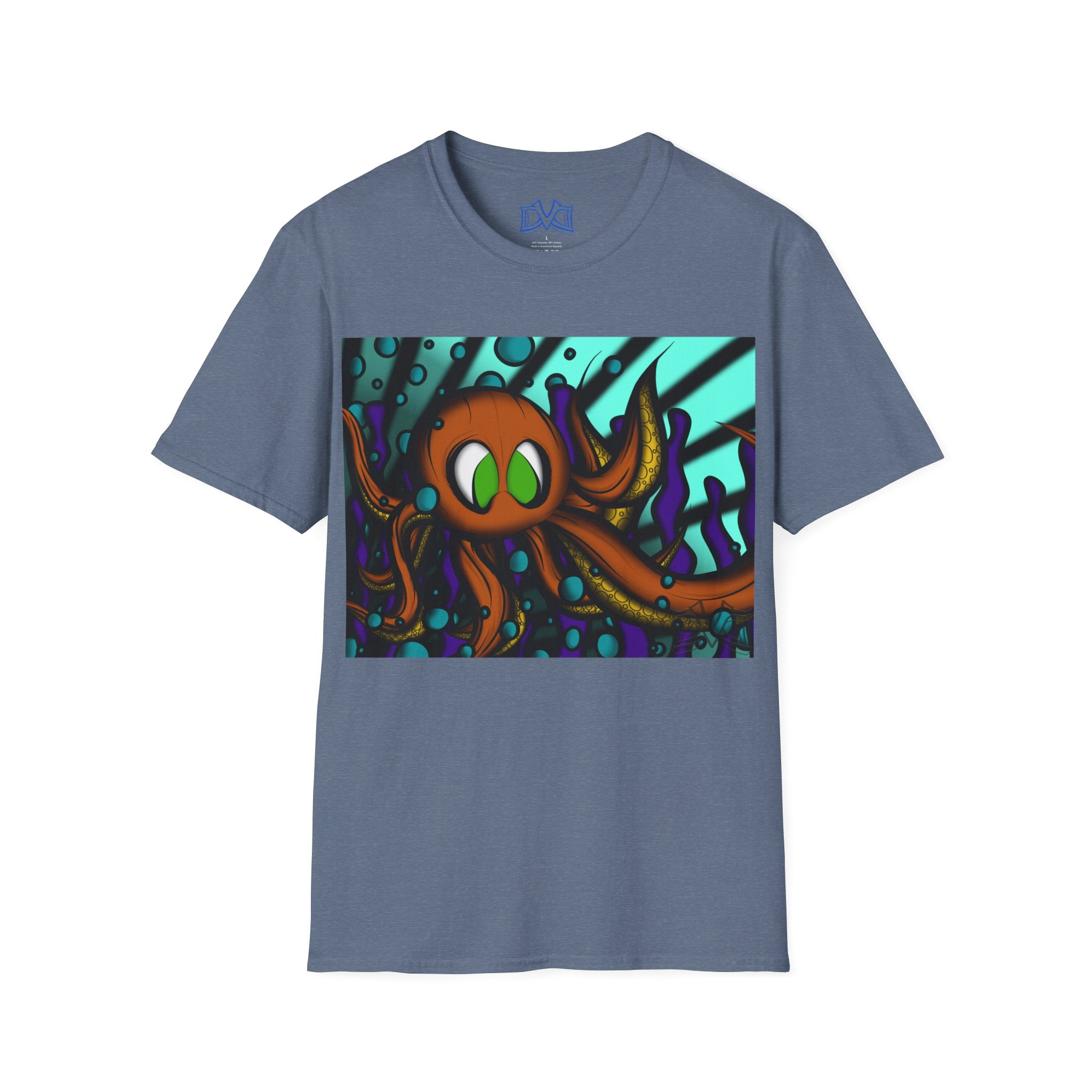 Octopus 9 tentacles, hand drawn art, skate & surf wear on a Unisex T Shirt.