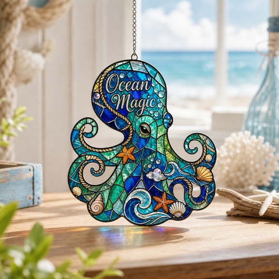 Octopus Acrylic Suncatcher Window Hanging, Ocean Magic Nautical Gift for Beach Lovers