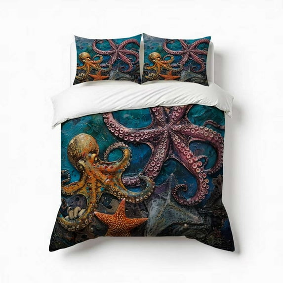 Octopus And Starfish Art Painting Bedding Set 3 Pcs Soft Microfiber Quilt Cover For Bedroom Decor, Comforter Cover With 2 Pillowcase