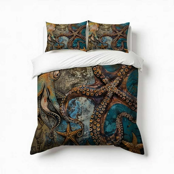 Octopus And Starfish Art Painting Bedding Set 3 Pcs Soft Microfiber Quilt Cover For Bedroom Decor, Comforter Cover With 2 Pillowcase