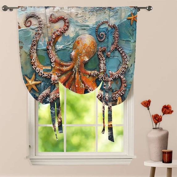 Octopus And Starfish Art Painting Window Curtain for Living Room Roman Curtain Kitchen Tie-up Curtains Adjustable Drapes