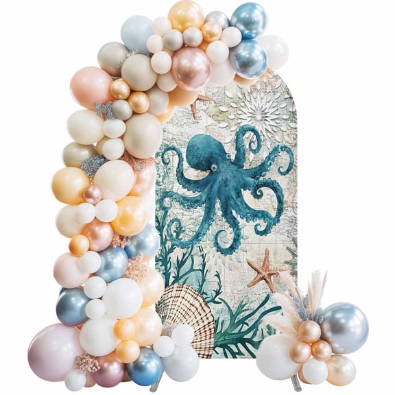 Octopus Arch Backdrop Cover 5Ft, Wedding Arch Covers Stretchy Backdrop, Coastal Starfish Ocean Shell Retro Coral Fitted 2 Sided Arched Photo Background for Birthday Party Decorations
