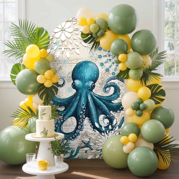 Octopus Arch Backdrop Cover, 6FT, Nautical Navy Blue Kraken Coral Vintage Coastal Map Spandex Arch Covers Double-Sided Backdrop for Wedding Birthday Party Photo Background Decoration