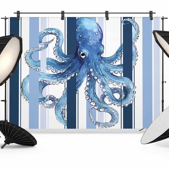 Octopus Backdrop for Photography, Blue Striped Coastal Photo Backdrop Portrait Background Party Banner Photo Backgrounds for Studio Booth Props, 10x8ft