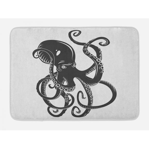 Octopus Bath Mat, Black Danger Cartoon Octopus Characters with Curling Tentacles Swimming Underwater Art, Non-Slip Plush Mat Bathroom Kitchen Laundry Room Decor, 29.5 X 17.5 Inches, Black, Ambesonne