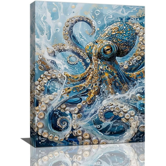 Octopus Bathroom Canvas Wall Art Ocean Blue Golden Octopus Pictures Decor Nautical Octopus Painting Prints Modern Home Framed Artwork for Bedroom Living Room Office 12"x16"