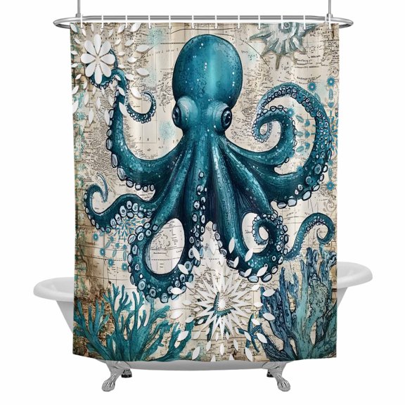 Octopus Bathroom Shower Curtain, Nautical Navy Blue Kraken Coral Vintage Coastal Map Waterproof Washable Soft Bath Curtain for Bathtub Decor with 12 Hooks&Grommet, 36x72 Inch