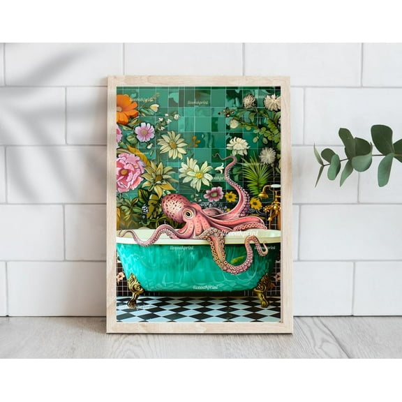 Octopus In A Bathtub In A Luxury Bathroom - Framed / Unframed / - Octopus Gift - Octopus Wall Art - Funky Eclectic Bathroom Decor Wall Art, Modern Wall Decor, 8x12 UNFRAMED