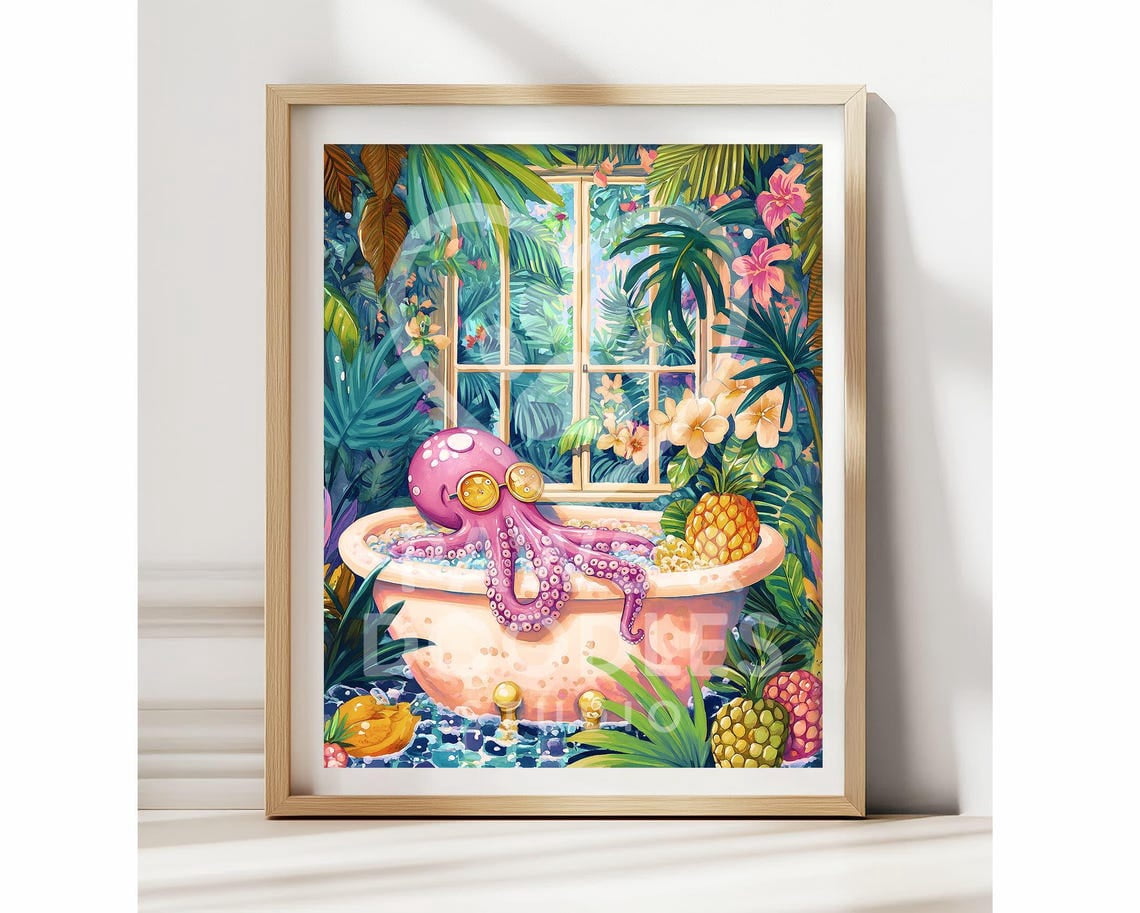 Octopus In Bathtub Poster Funny Bathroom Animal Wall Art Coastal ...
