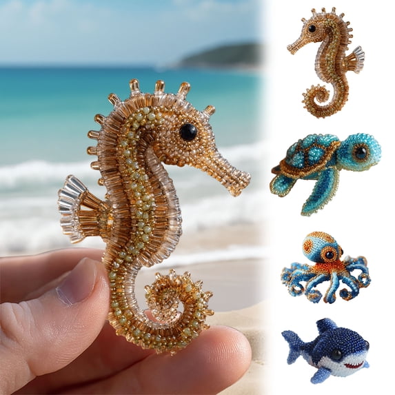 Octopus Bead Embroidery Kit, Beginner-Friendly Sea Creature Beaded Embroidery Kits, 3D Animals Beadwork Craft DIY Kit with Full-Color Instruction Sheet, for Craft Lover -Seahorse