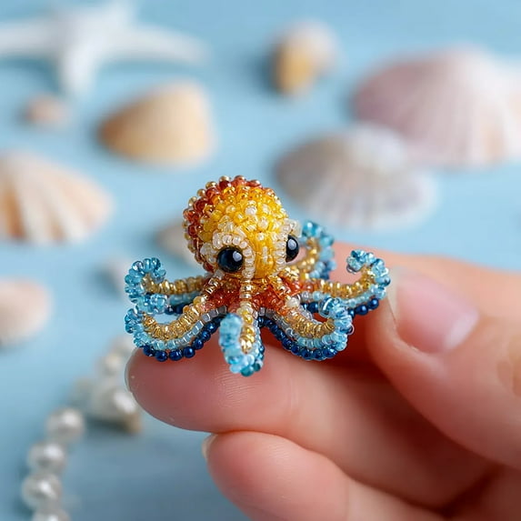 Octopus Bead Embroidery Kit, Beginner-Friendly Sea Creature Beaded Embroidery Kits with Full-Color Instruction Sheet, DIY Animals Three-Dimensional Beadwork Craft Kit for Craft Lover (Octopus A)