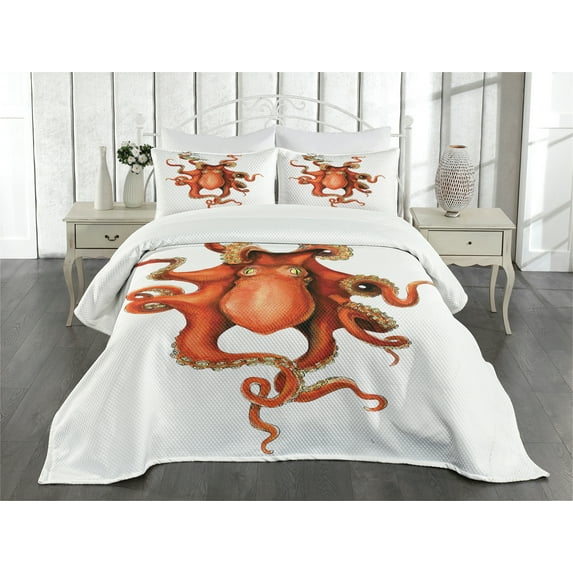 Octopus Bedspread Set, Kraken Octopus Holding Sailing Ship in Tentacles Mythical Monster Nautical Theme, Decorative Quilted Coverlet Set with Pillow Shams Included, White Orange, by Ambesonne