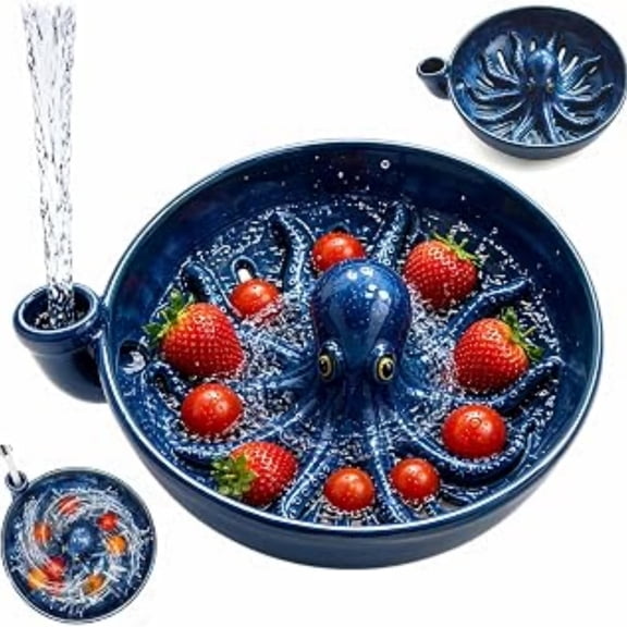 Octopus Berry Colander, Ceramic Fruit Strainer Bowl with Drainage Slots and Side Handle, Produce Washing and Serving Dish for Berries Grapes Tomatoes Strawberries and Vegetables